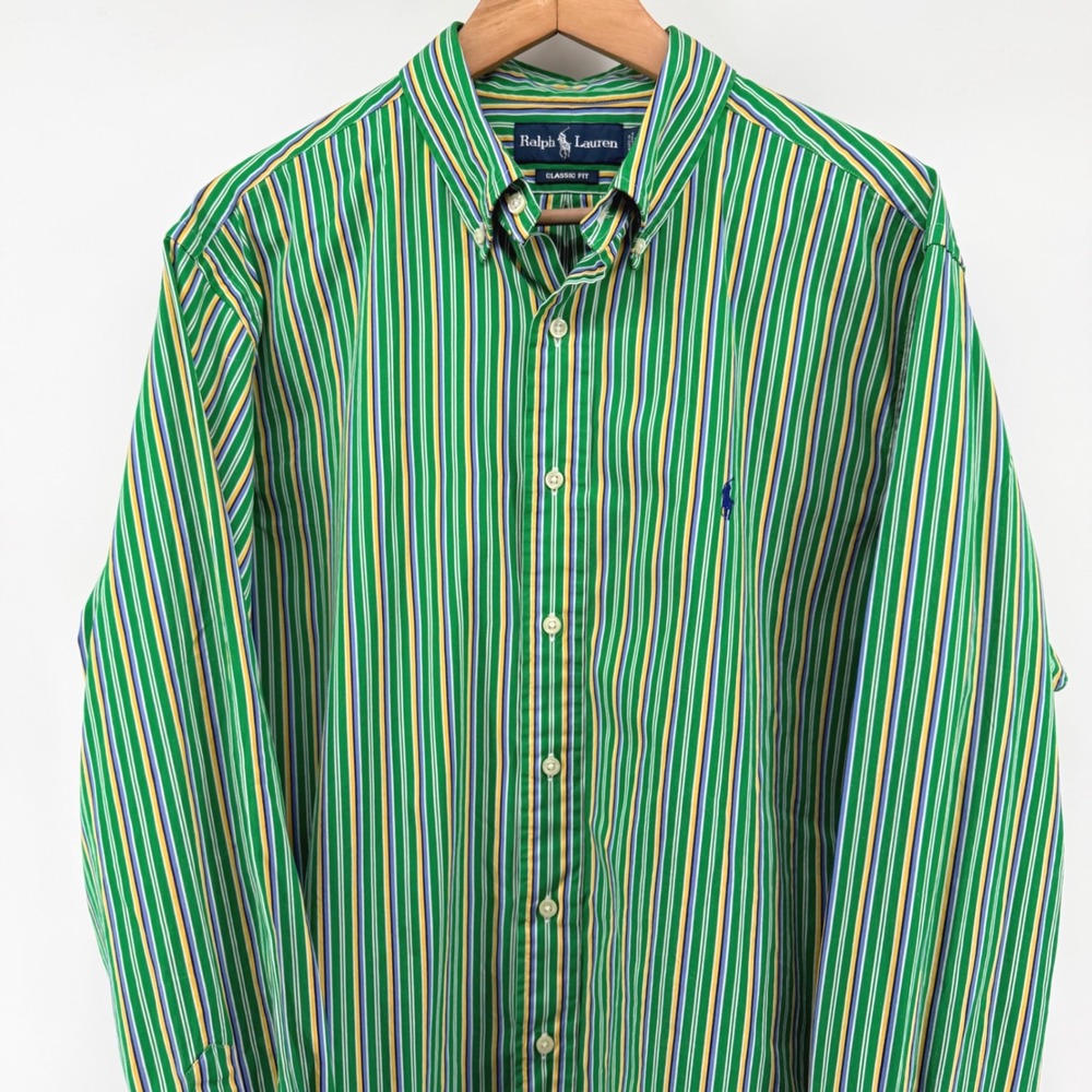 Polo Ralph Lauren Mens XL Classic Fit Striped Cotton Button Down Shirt Green - Picture 2 of 8